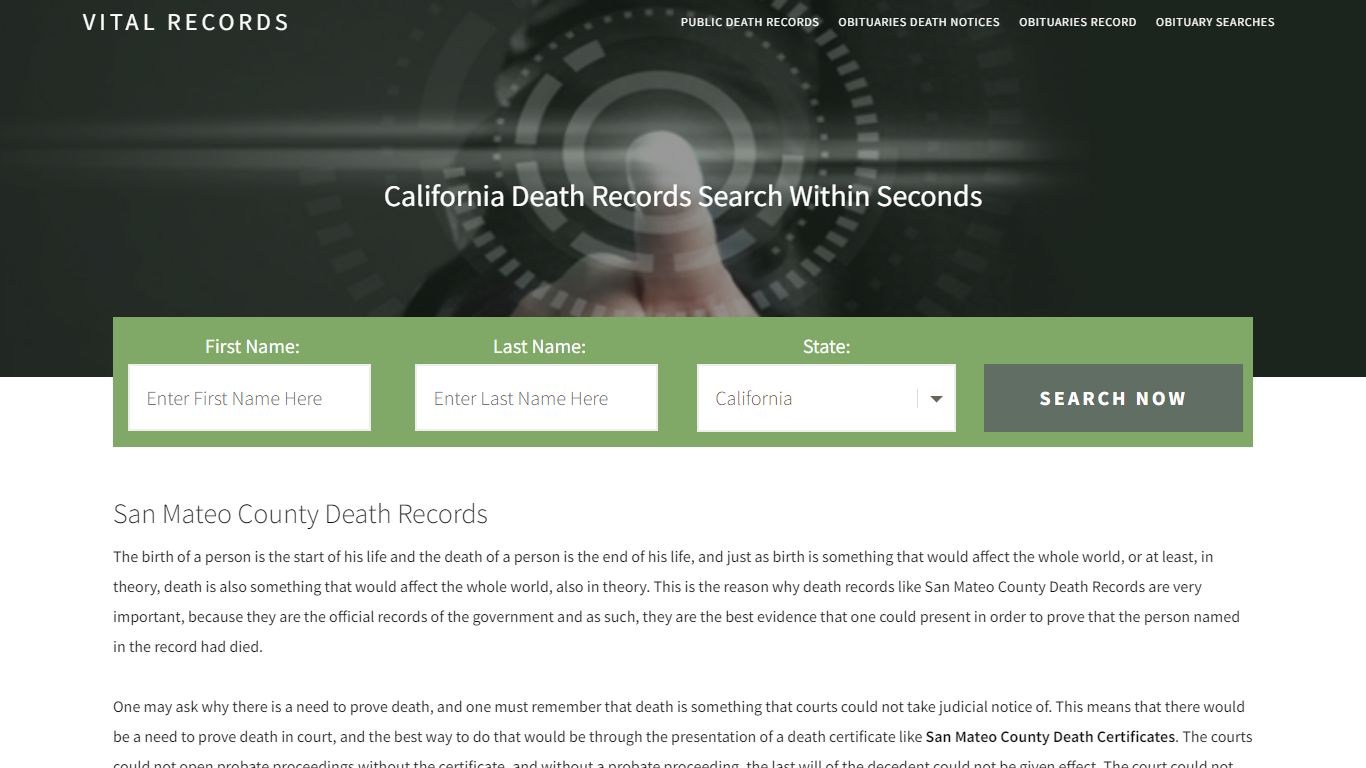 San Mateo County Death Records | Enter Name and Search