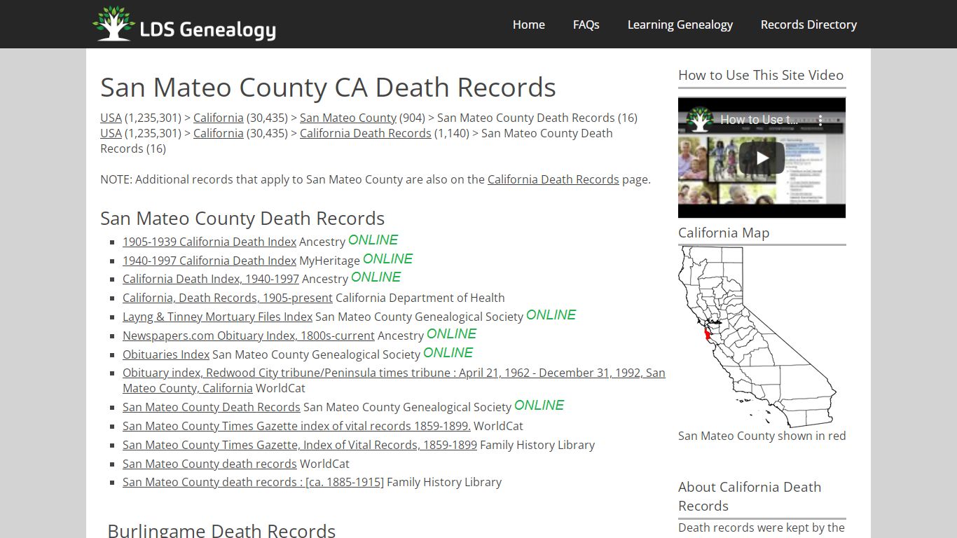San Mateo County CA Death Records - LDS Genealogy