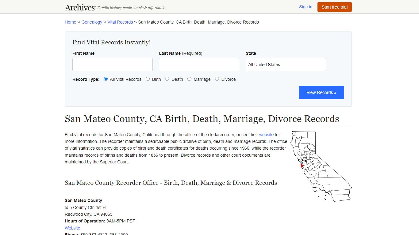 San Mateo County, CA Birth, Death, Marriage, Divorce Records